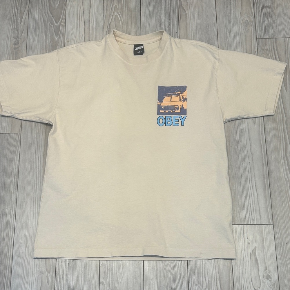 Obey Mens Size Large”Endless Summer” Beige/Blue Graphic Short Tee Preowned